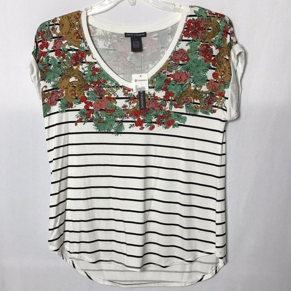 Chelsea & Theodore Womens Top Sz M Floral Striped White Multicolored Hi Lo New
